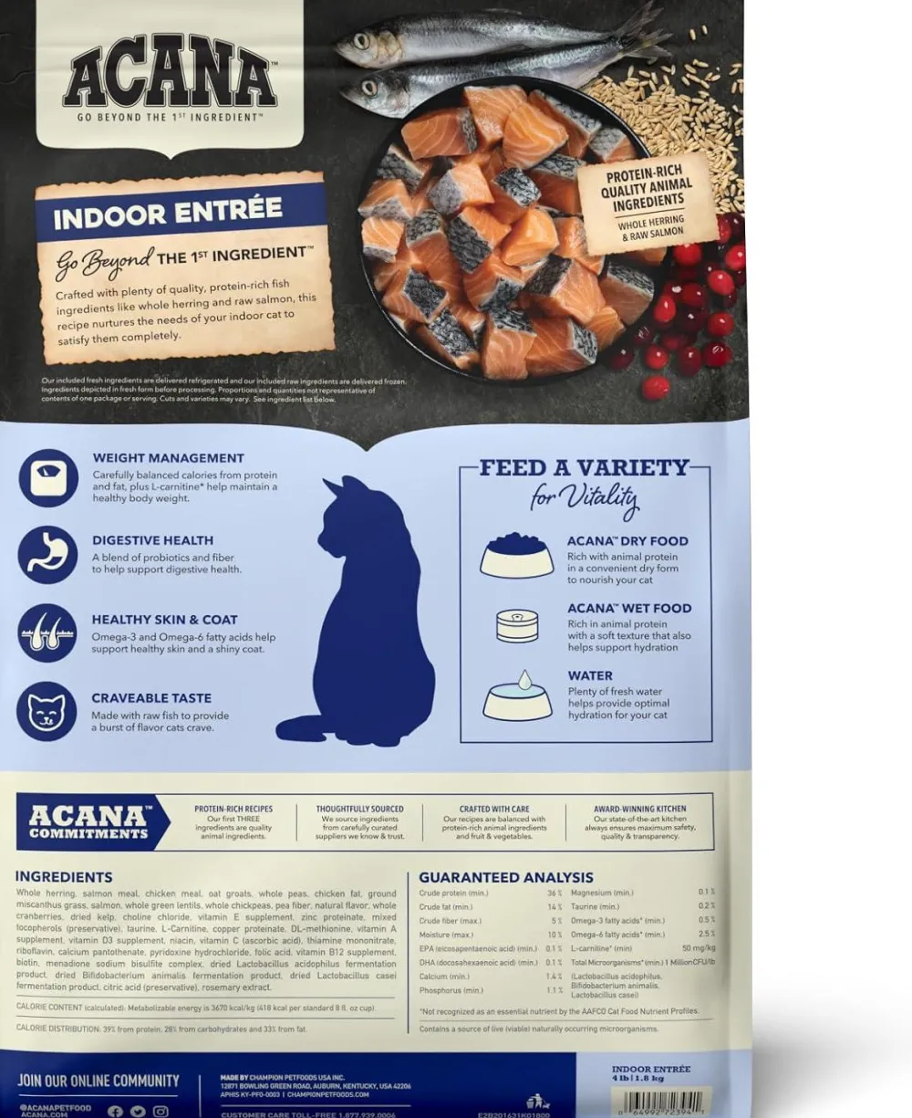 Acana Dry Food^Indoor Entree with Whole Herring & Raw Salmon Dry Cat Food, 4-lb