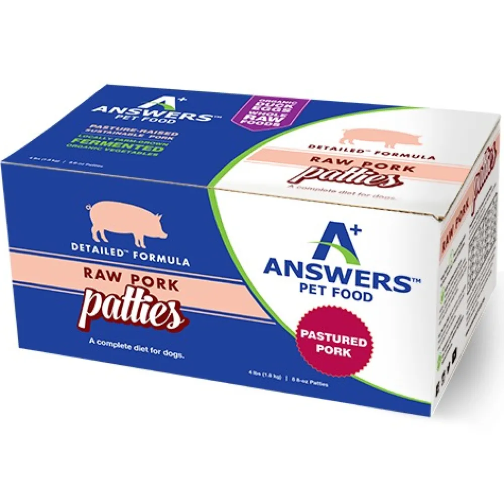 Answers Frozen Food^Detailed Formula Raw Pork Frozen Dog Food, Patties, 4-lb