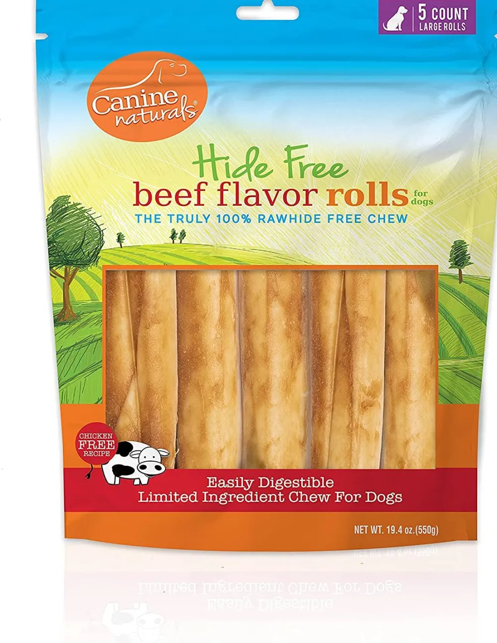 Canine Naturals Bully Sticks & Natural Chews^Hide Free Beef Flavor Large Rolls Dog Treats, 5-count