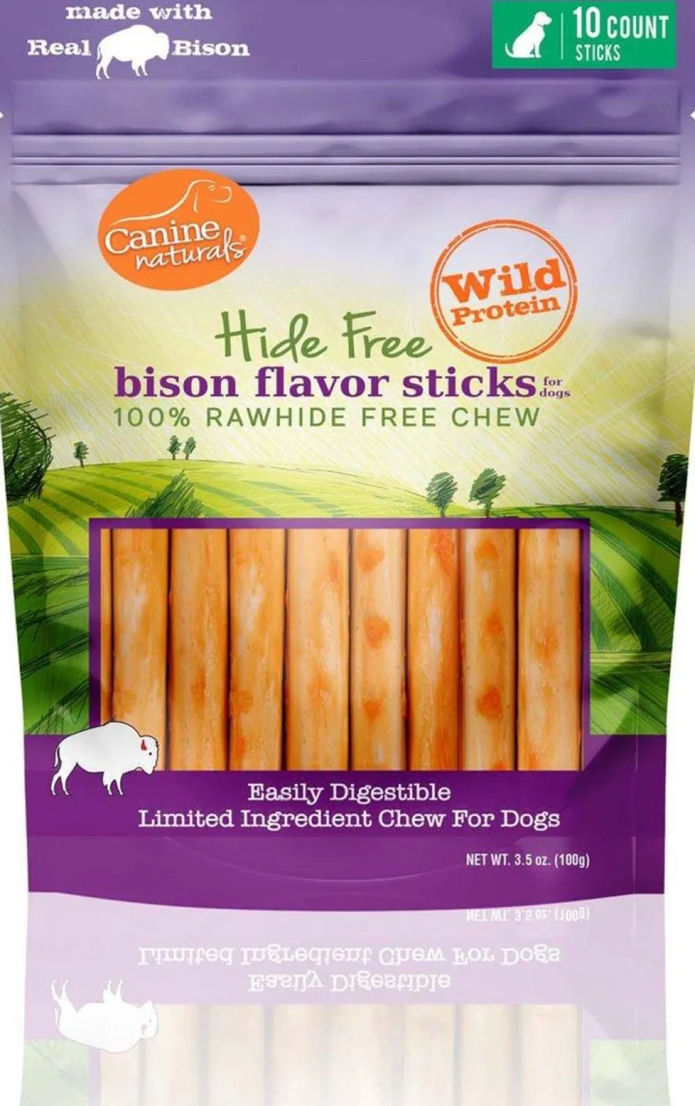 Canine Naturals Bully Sticks & Natural Chews^Hide Free Bison Flavor Sticks Dog Treats, 5-in, 10-pk