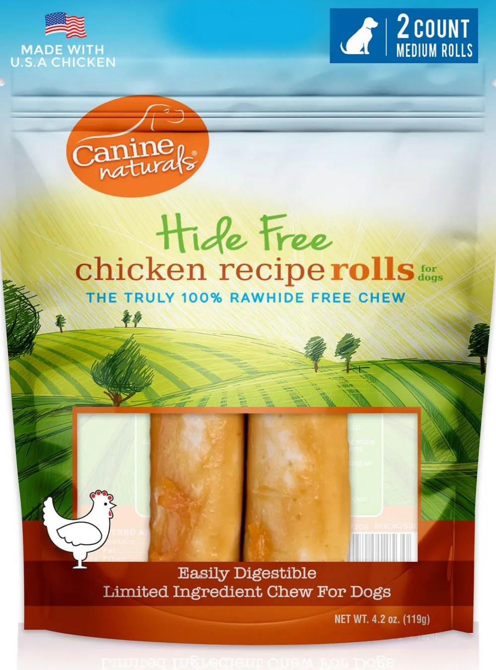 Canine Naturals Bully Sticks & Natural Chews^Hide Free Chicken Rolls Dog Treats, Medium, 2-pk