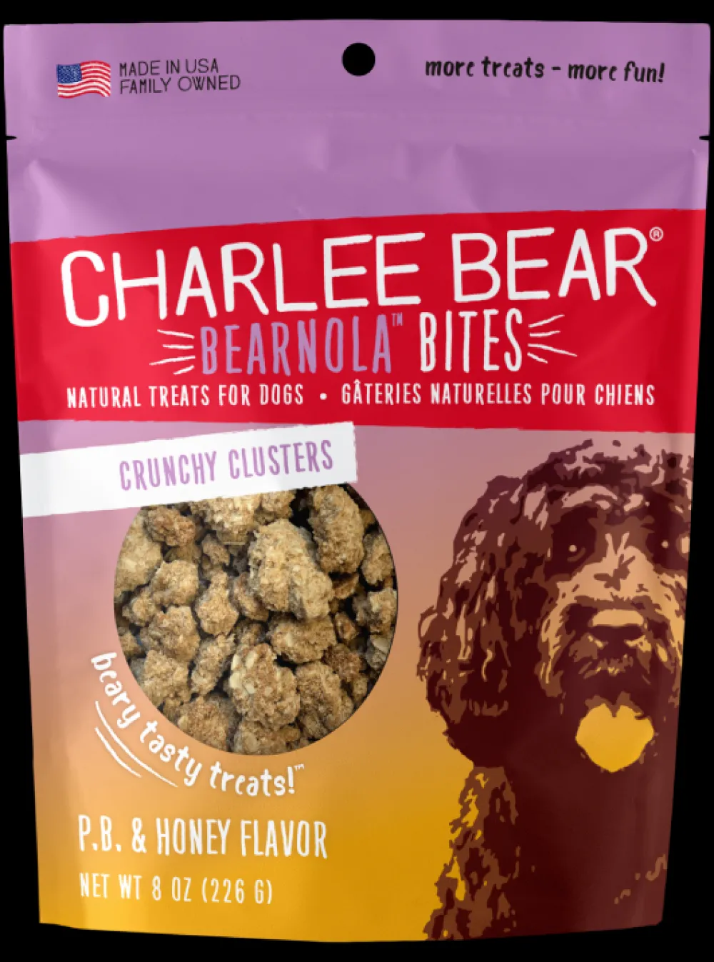 Charlee Bear Biscuits & Crunchy Treats^Bearnola Bites Crunchy Granola Clusters Natural Dog Treats, Peanut Butter & Honey Flavor, 8-oz