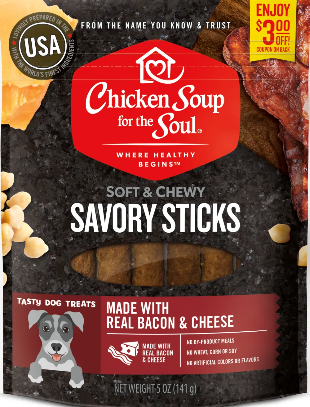 Chicken Soup Dry Food^Savory Sticks Bacon & Cheese Dog Treats, 5-oz