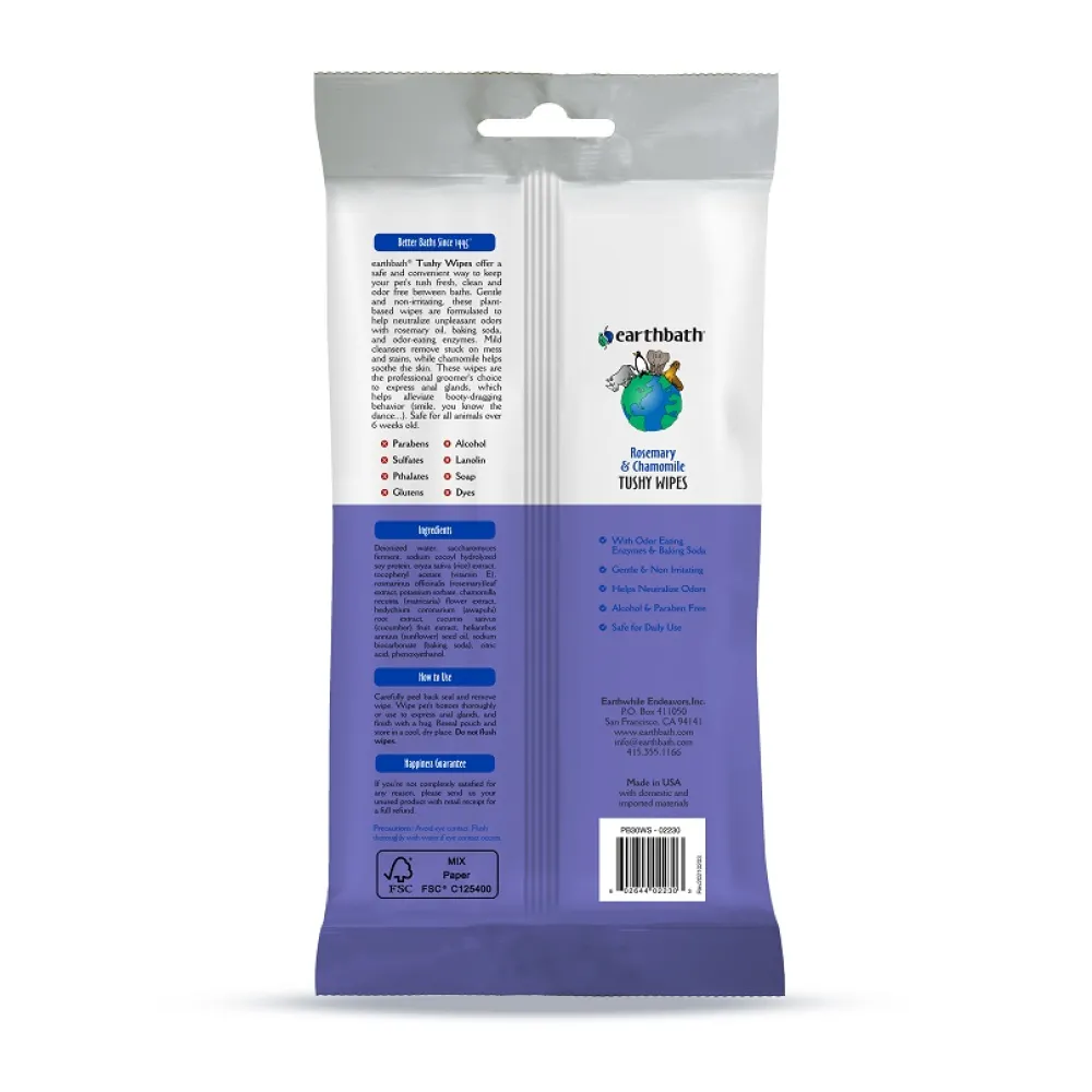 Earthbath Grooming | Grooming^Tushy Wipes for Dogs & Cats, Rosemary & Chamomile, 30-count