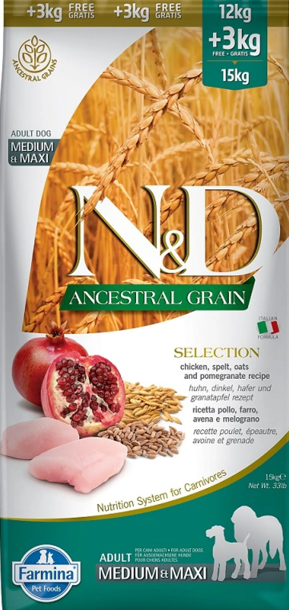 Farmina Dry Food^N&D Ancestral Grain Chicken & Pomegranate Selection Medium & Maxi Adult Dry Dog Food, 33-lb