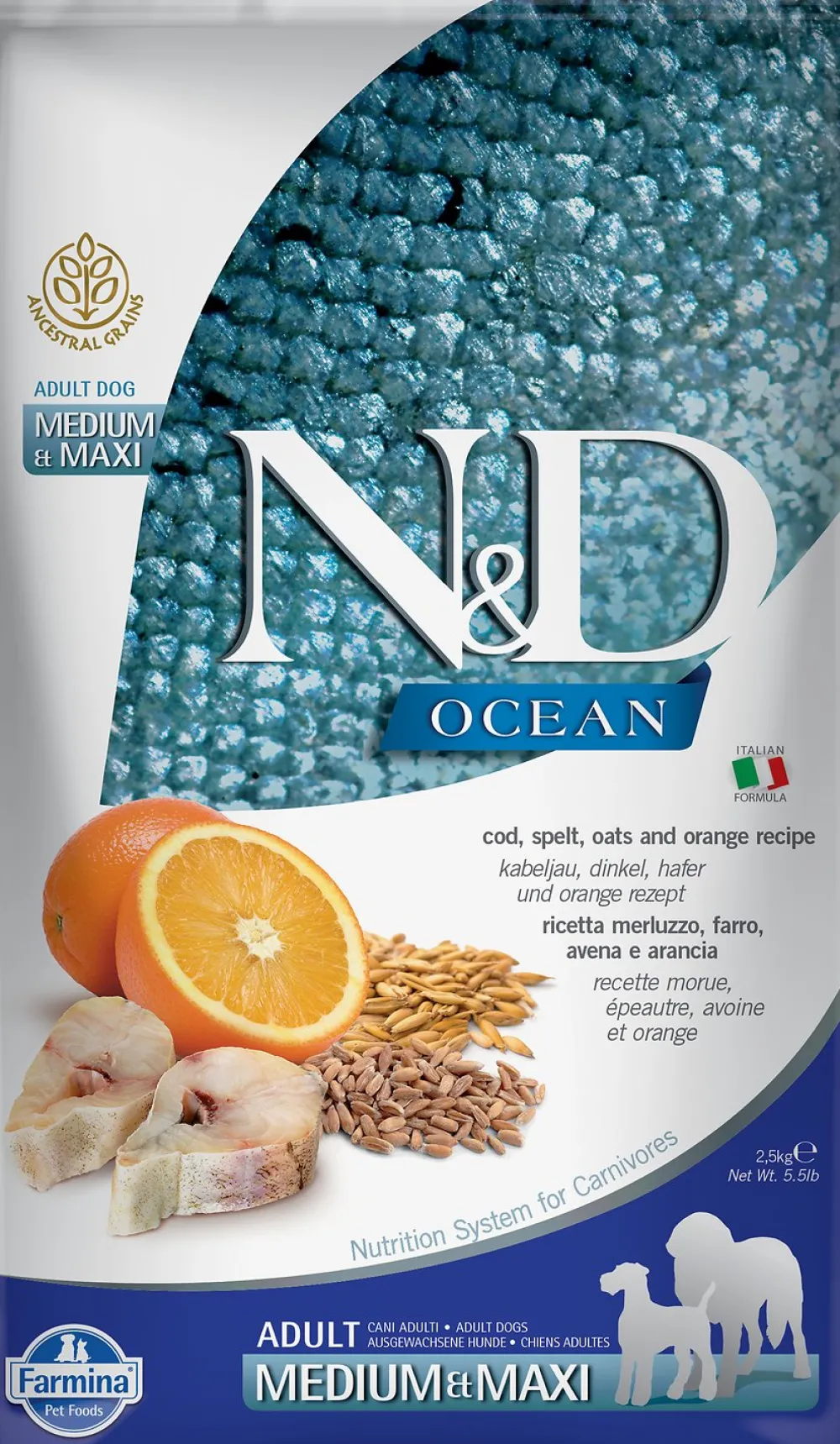 Farmina Dry Food^N&D Ocean Cod, Spelt, Oats & Orange Medium & Maxi Adult Dry Dog Food, 5.5-lb