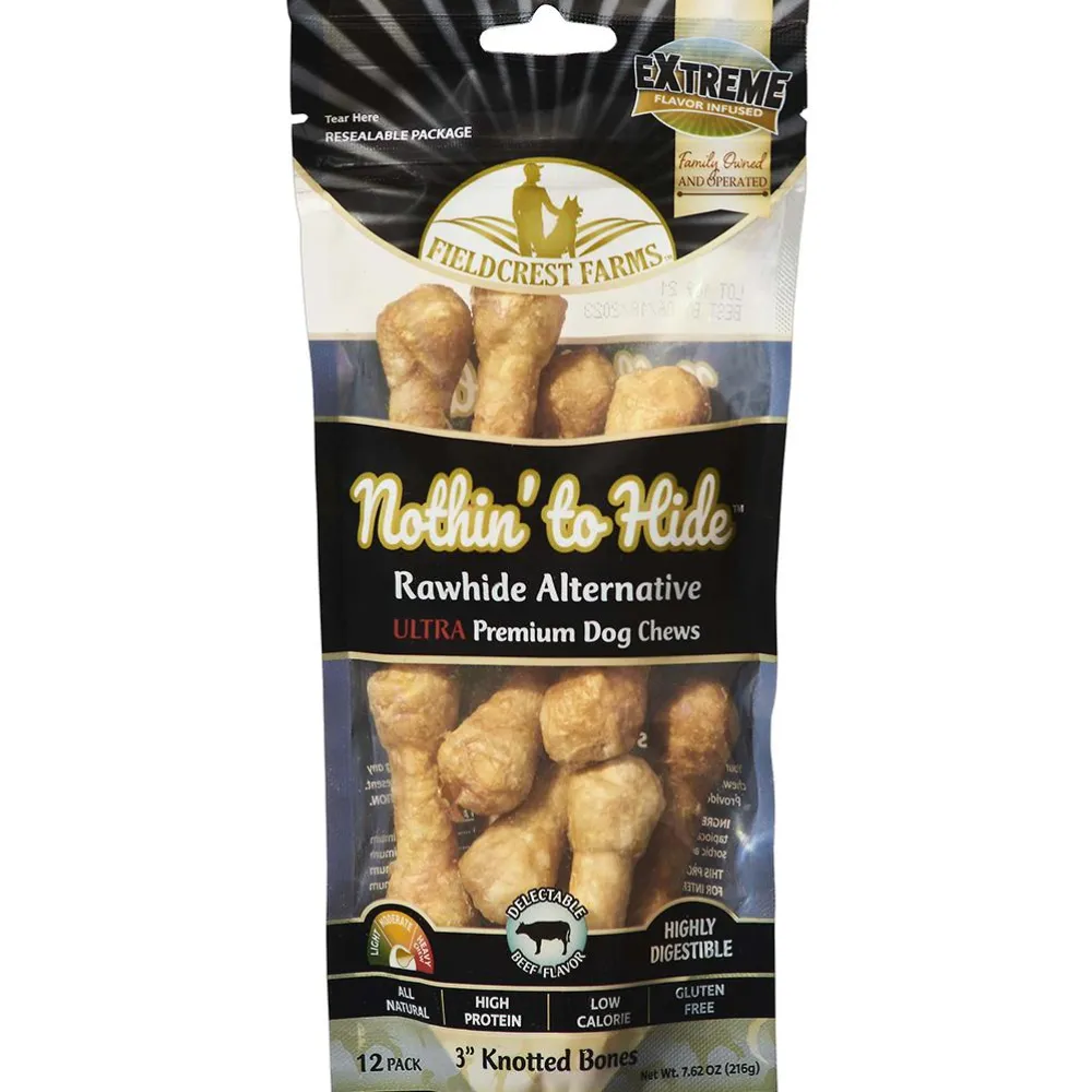 Fieldcrest Farms Bully Sticks & Natural Chews^Nothin' to Hide Ultra Knotted Bones Beef Pack Dog Treats, 3-in, 12-pk