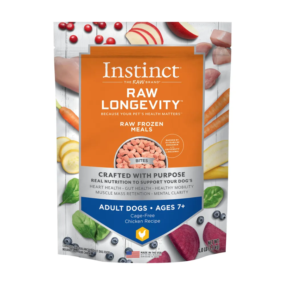 Instinct Frozen Food^Raw Longevity Bites Cage-Free Chicken Age 7+ Frozen Dog Food, 4-lb