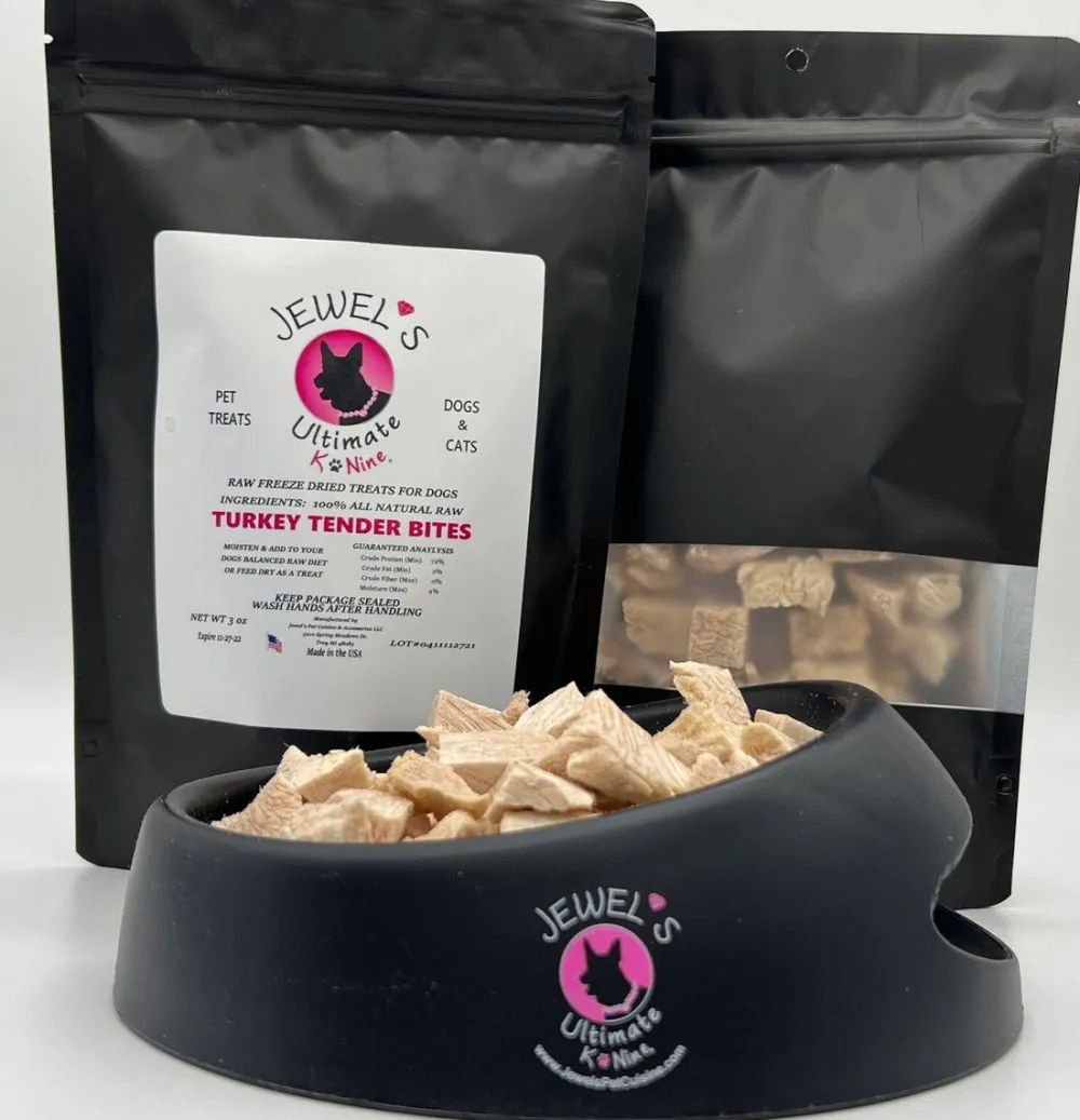 Jewel's Pet Cuisine & Accessories Freeze-Dried Treats^Jewel’s Ultimate K-Nine Turkey Tender Bites Freeze-Dried Dog Treats, 3-oz