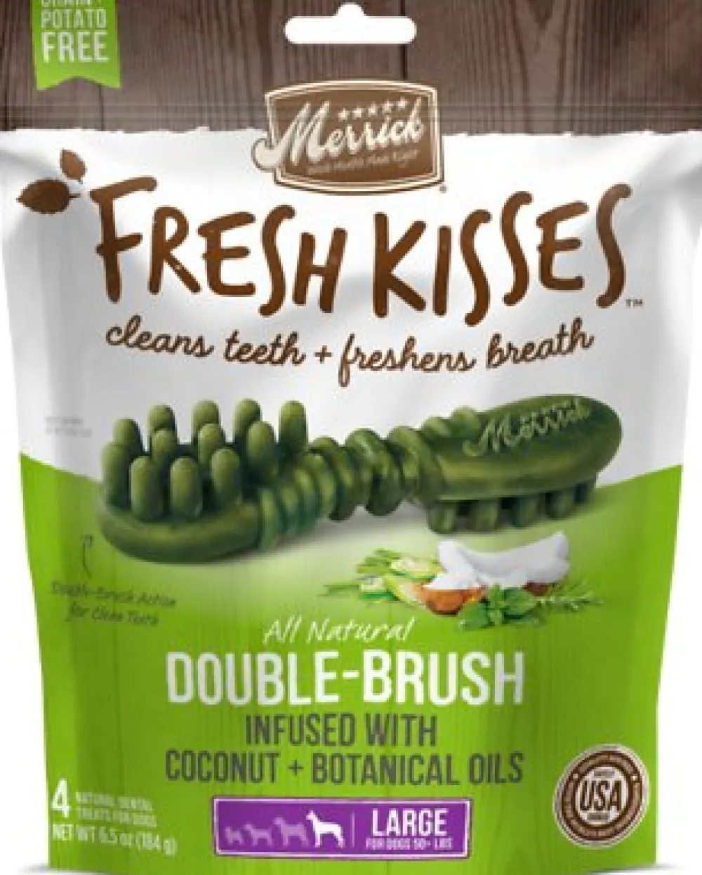 Merrick Dental & Hard Chews^Fresh Kisses Double-Brush Coconut Oil & Botanicals Large Grain-Free Dental Dog Treats, 4 count