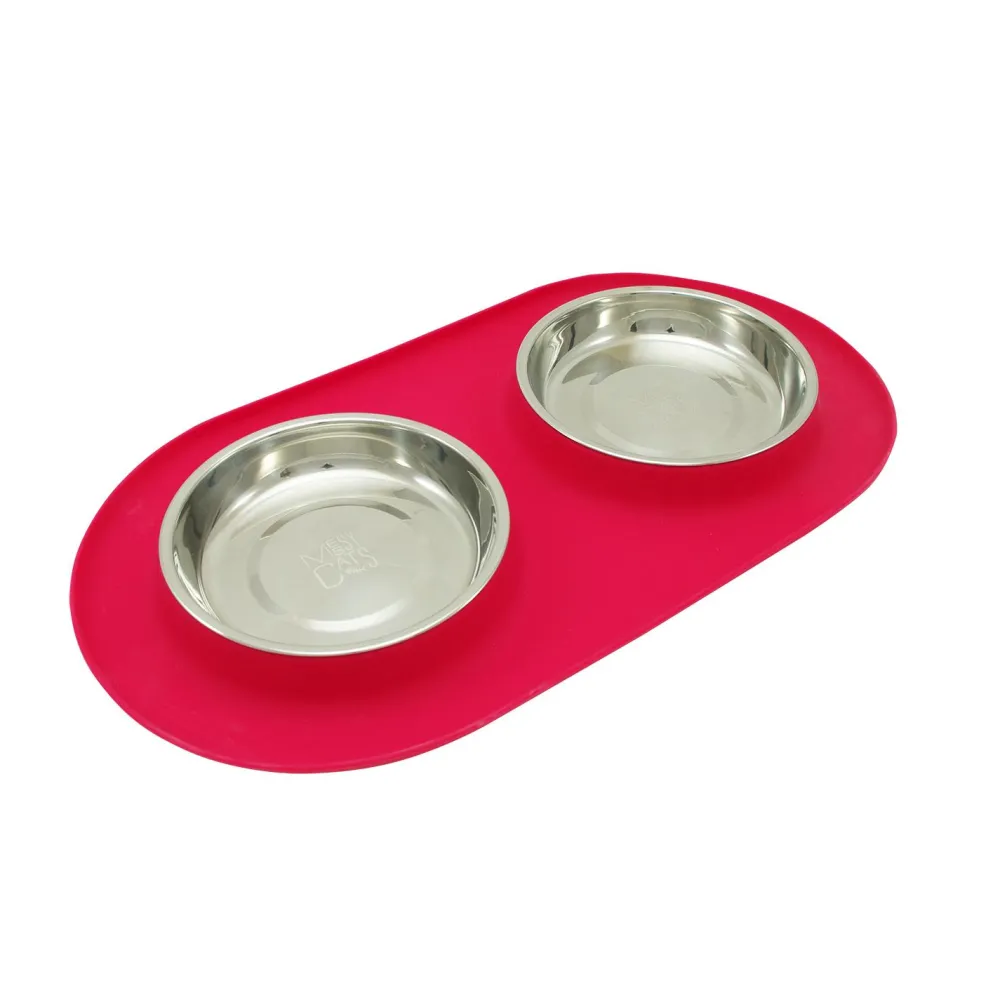 Messy Cats Bowls & Feeders | Bowls & Feeders^Double Silicone Feeder with Stainless Saucer Shaped Bowls, Watermelon