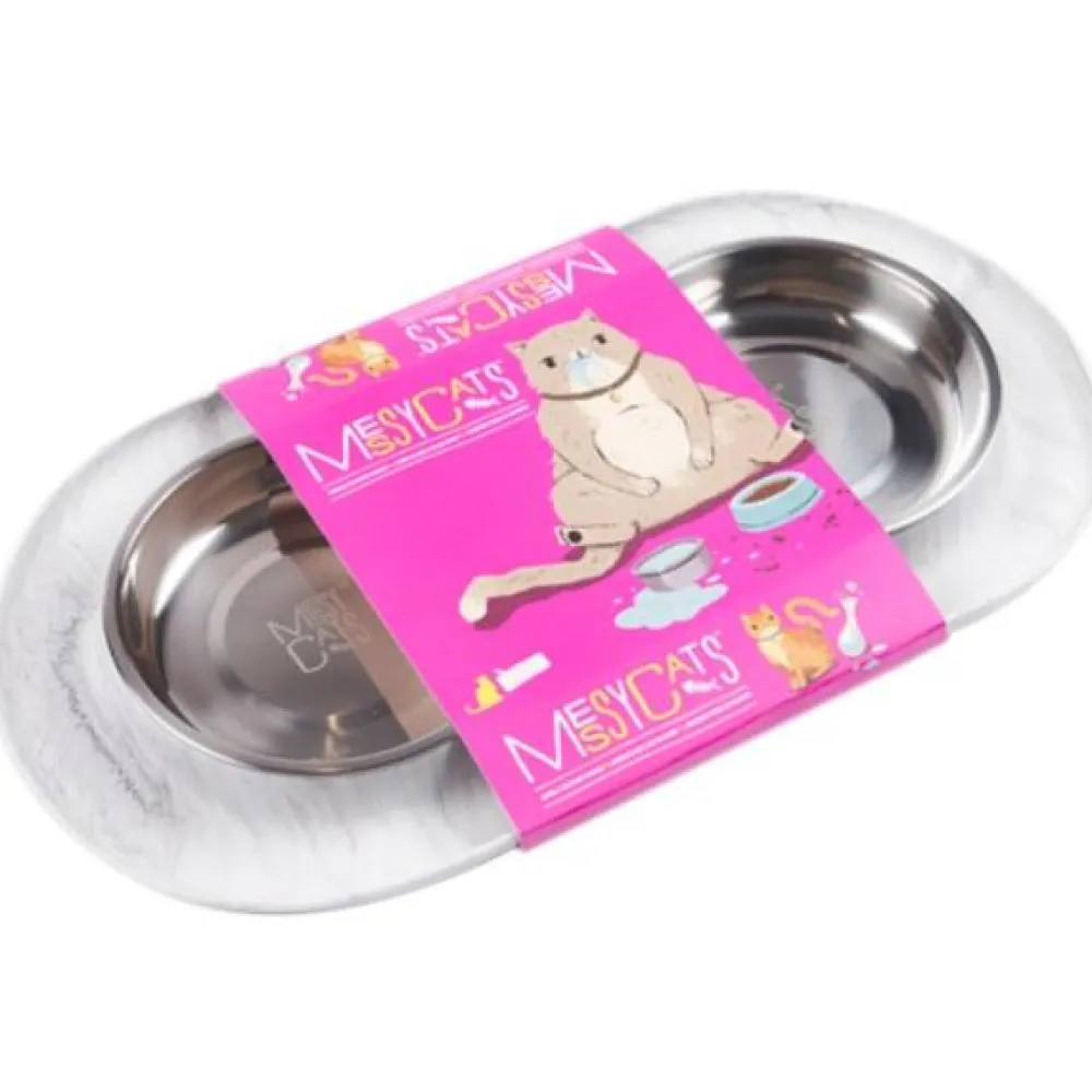 Messy Cats Bowls & Feeders | Bowls & Feeders^Stainless Steel Double Feeder with Non-Slip Base Cat Bowl, Marble, Medium