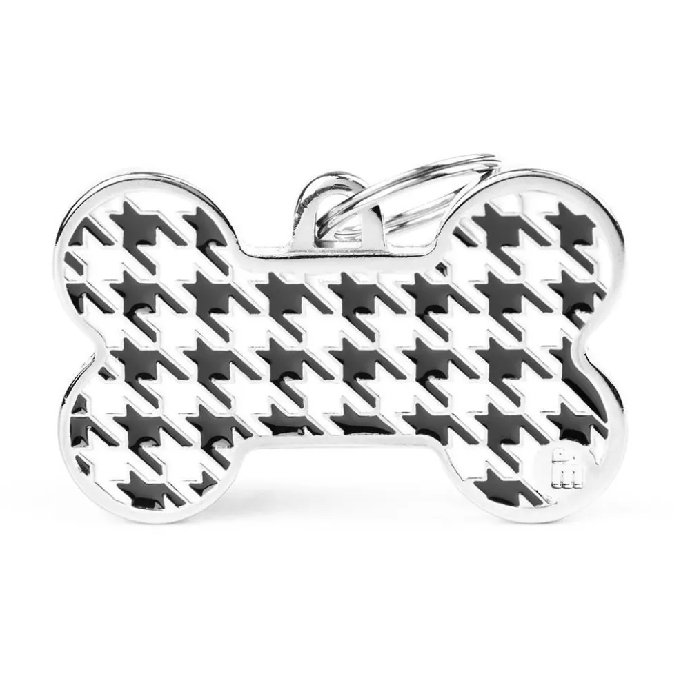 Myfamily Leashes & Collars | Leashes & Collars^Style Pied de Poule Bone Pet ID Tag, Black, X-Large