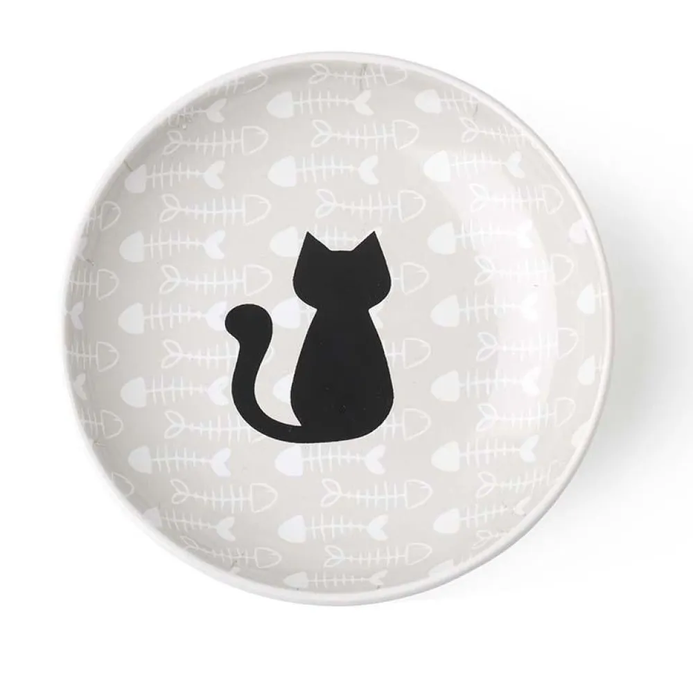 Petrageous Bowls & Feeders | Bowls & Feeders^Kitty & Fish Cat Saucer, Light Taupe/Black, 5-in