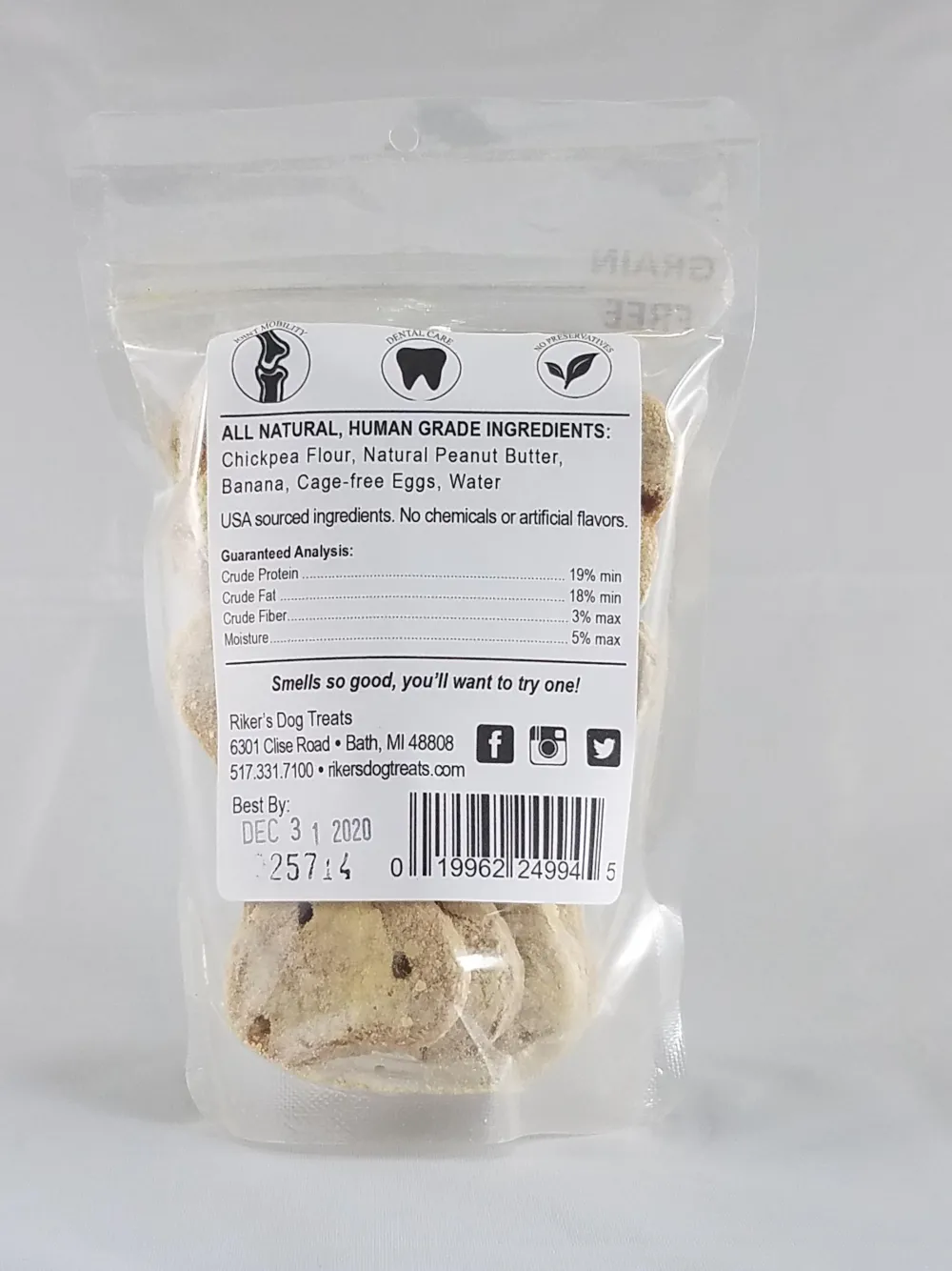 Riker's Dog Treats Biscuits & Crunchy Treats^Riker's Peanut Butter Banana Bones Grain-Free Dog Treats, 4-oz