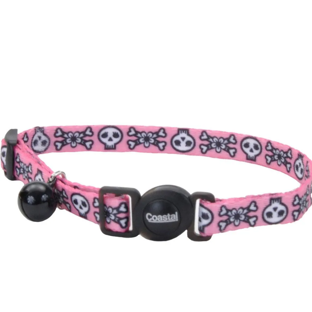 Safe Cat By Coastal Leashes & Collars | Leashes & Collars^Safe Cat Fashion Adjustable Breakaway Cat Collar, Skulls Pink, 3/8-in x 8-12-in