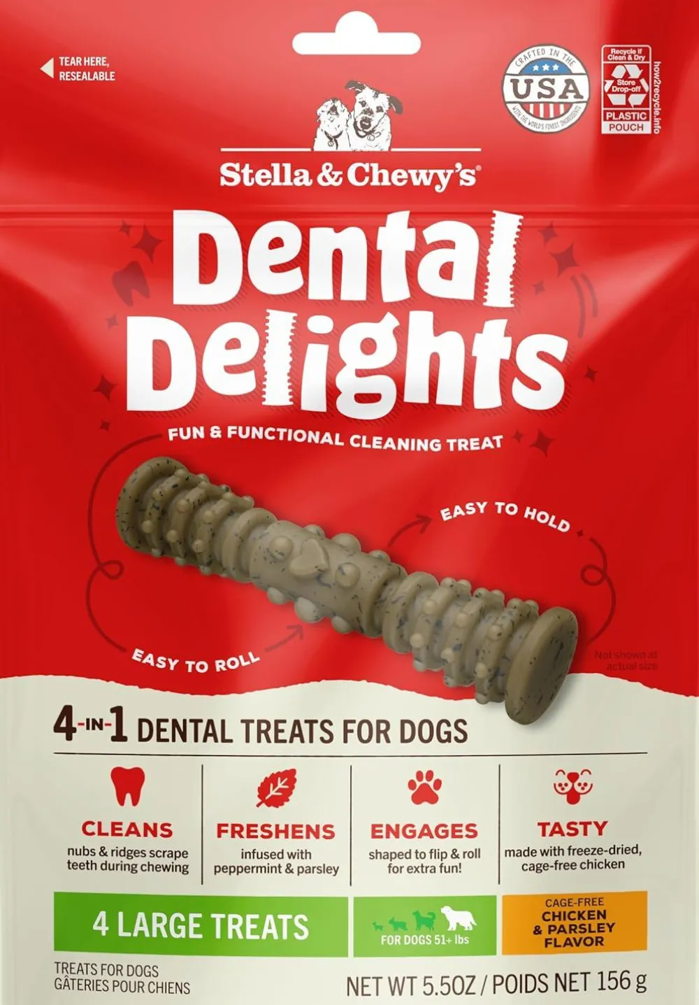Stella & Chewy's Dental & Hard Chews^Dental Delights Dog Treats, Large, 4-pk