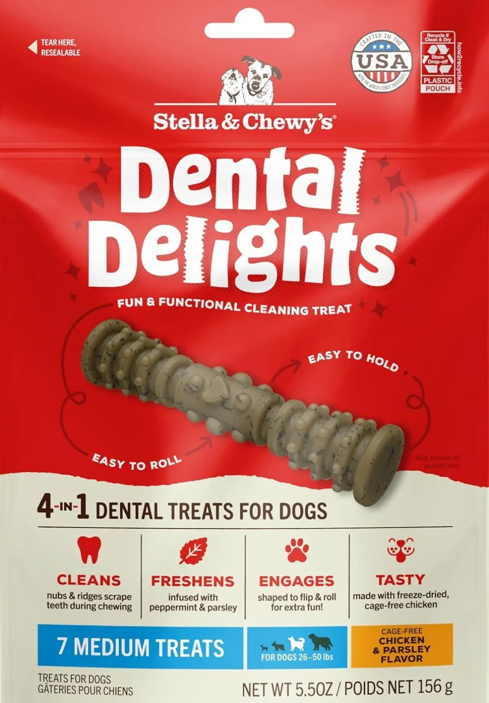 Stella & Chewy's Dental & Hard Chews^Dental Delights Dog Treats, Medium, 7-pk