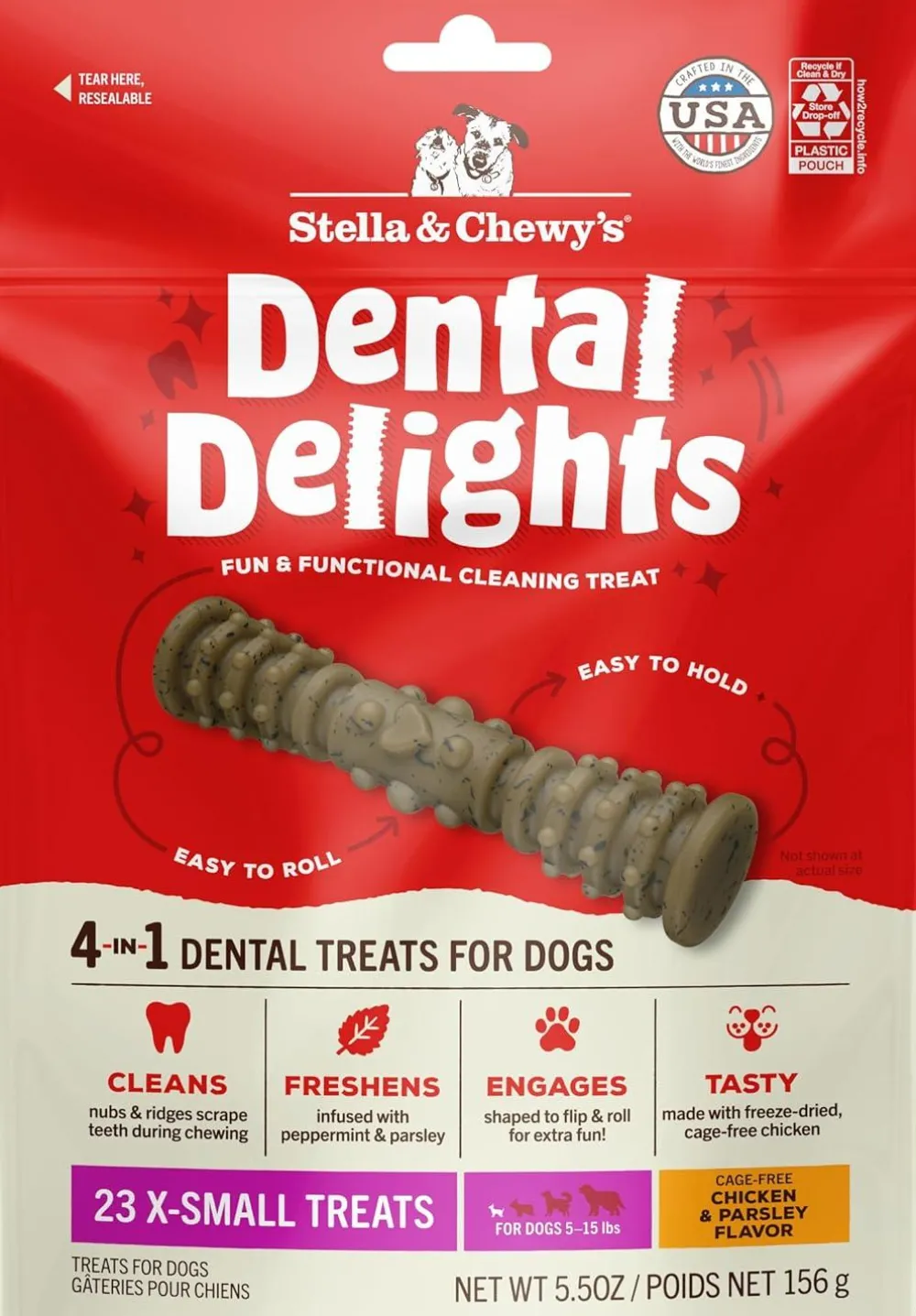 Stella & Chewy's Dental & Hard Chews^Dental Delights Dog Treats, X-Small, 23-pk