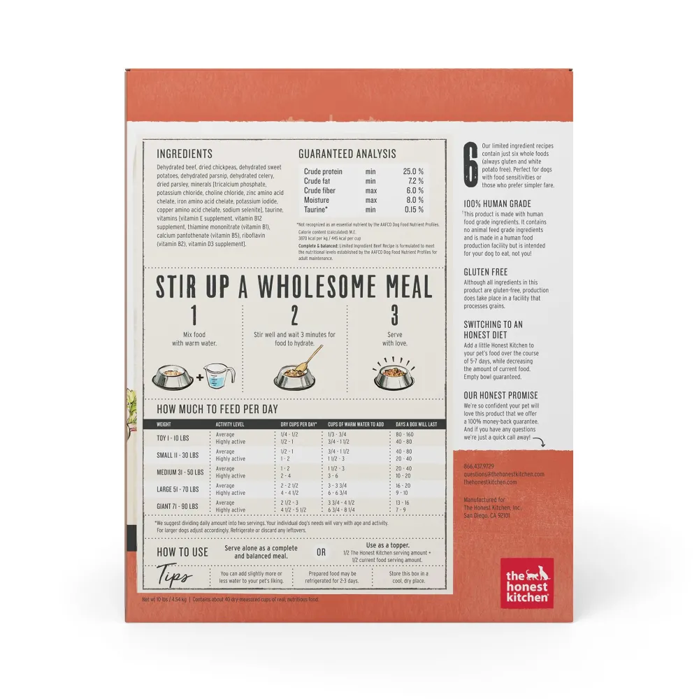 The Honest Kitchen Air-Dried & Dehydrated Food^Limited Ingredient Beef Recipe Dehydrated Dog Food, 10-lb box