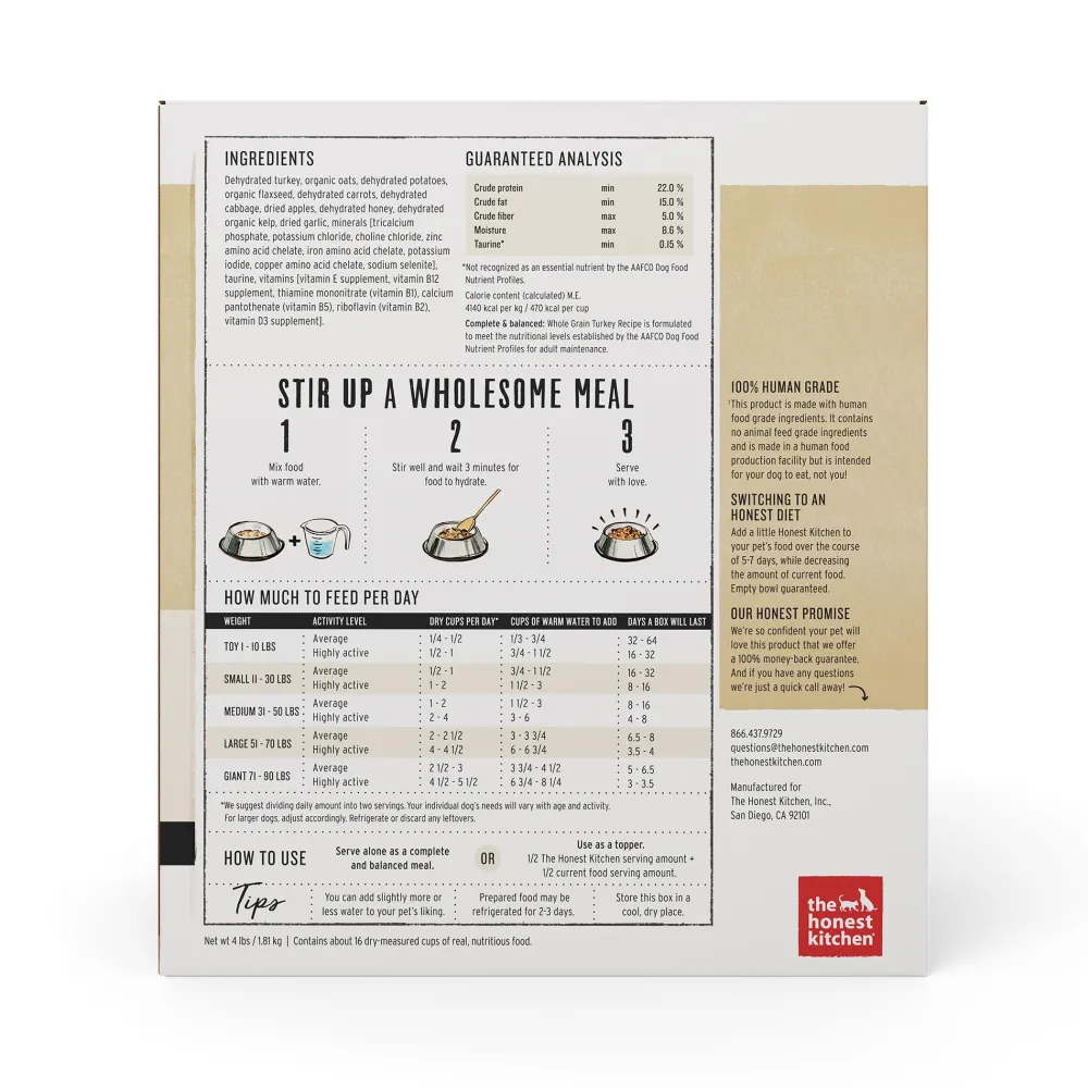 The Honest Kitchen Air-Dried & Dehydrated Food^Whole Grain Turkey Recipe Dehydrated Dog Food, 4-lb box
