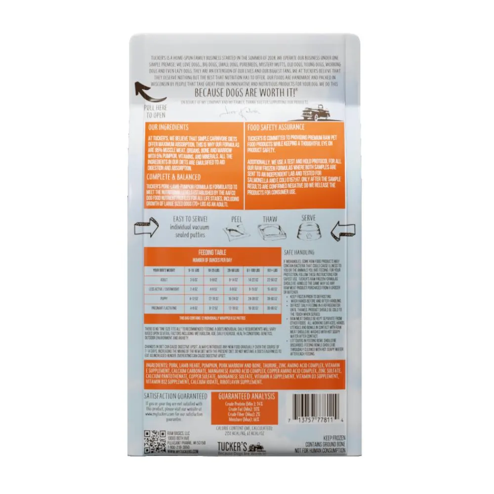 Tucker's Frozen Food^Complete & Balanced Pork, Lamb & Pumpkin Raw Frozen Dog Food, 6-lb