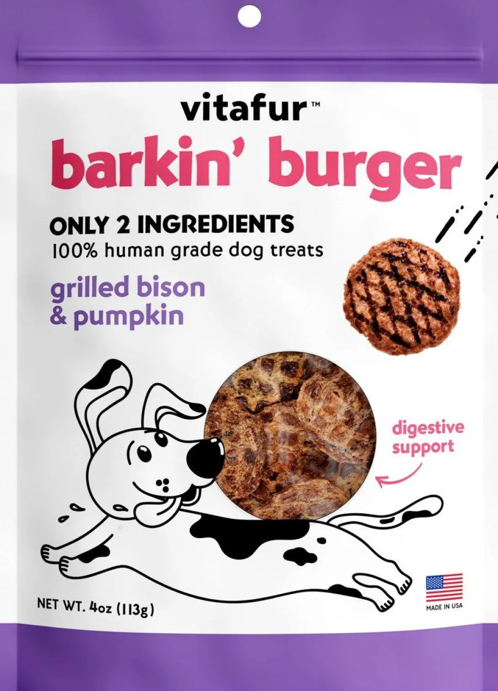Vitafur Air-Dried & Dehydrated Treats^Barkin' Burger Grilled Bison & Pumpkin Dog Treats, 4-oz