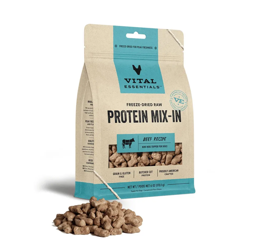Vital Essentials Food Toppings^Beef Protein Mix-In Mini Nibs Freeze-Dried Raw Dog Food Topper, 6-oz