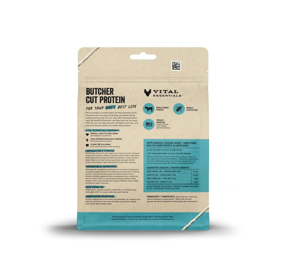 Vital Essentials Food Toppings^Beef Protein Mix-In Mini Nibs Freeze-Dried Raw Dog Food Topper, 6-oz