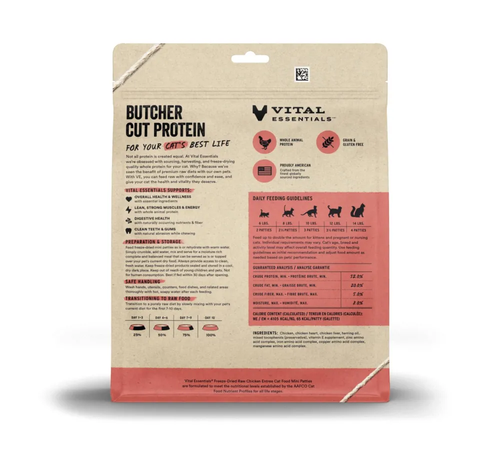 Vital Essentials Freeze-Dried Food^Chicken Entree Mini Patties Freeze-Dried Raw Cat Food, 8-oz