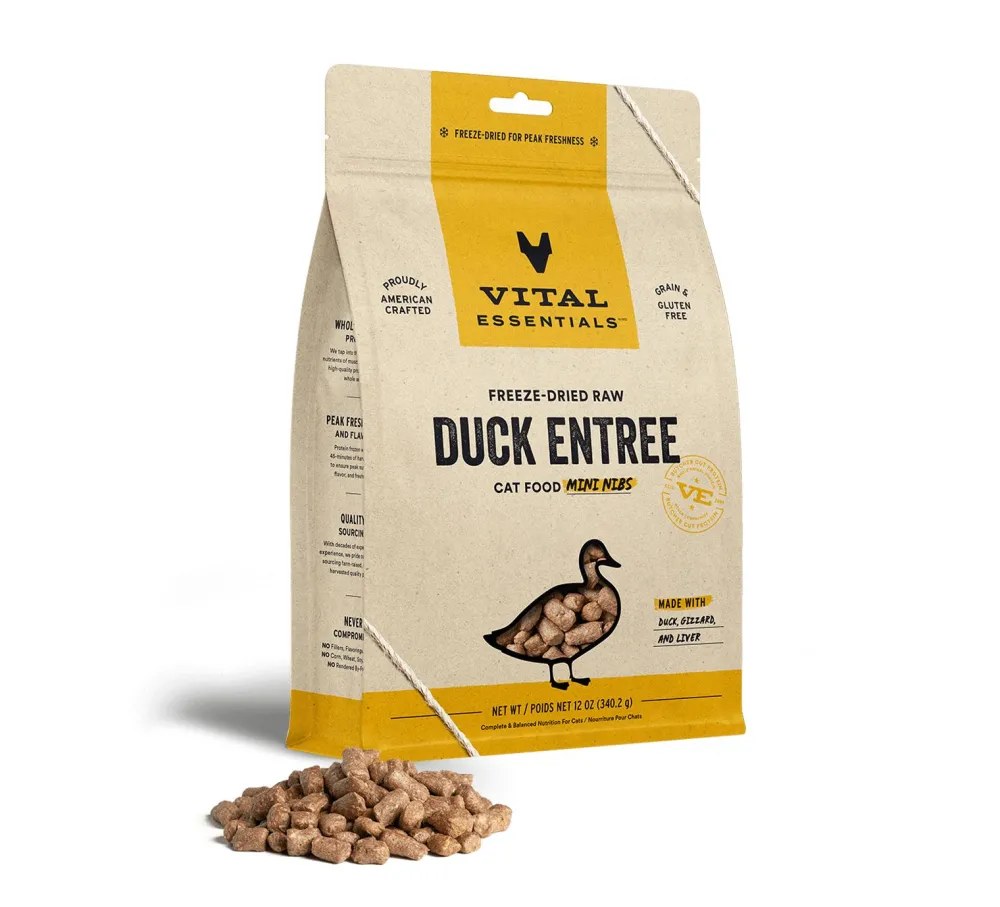 Vital Essentials Freeze-Dried Food^Duck Entree Mini Nibs Freeze-Dried Raw Cat Food, 12-oz