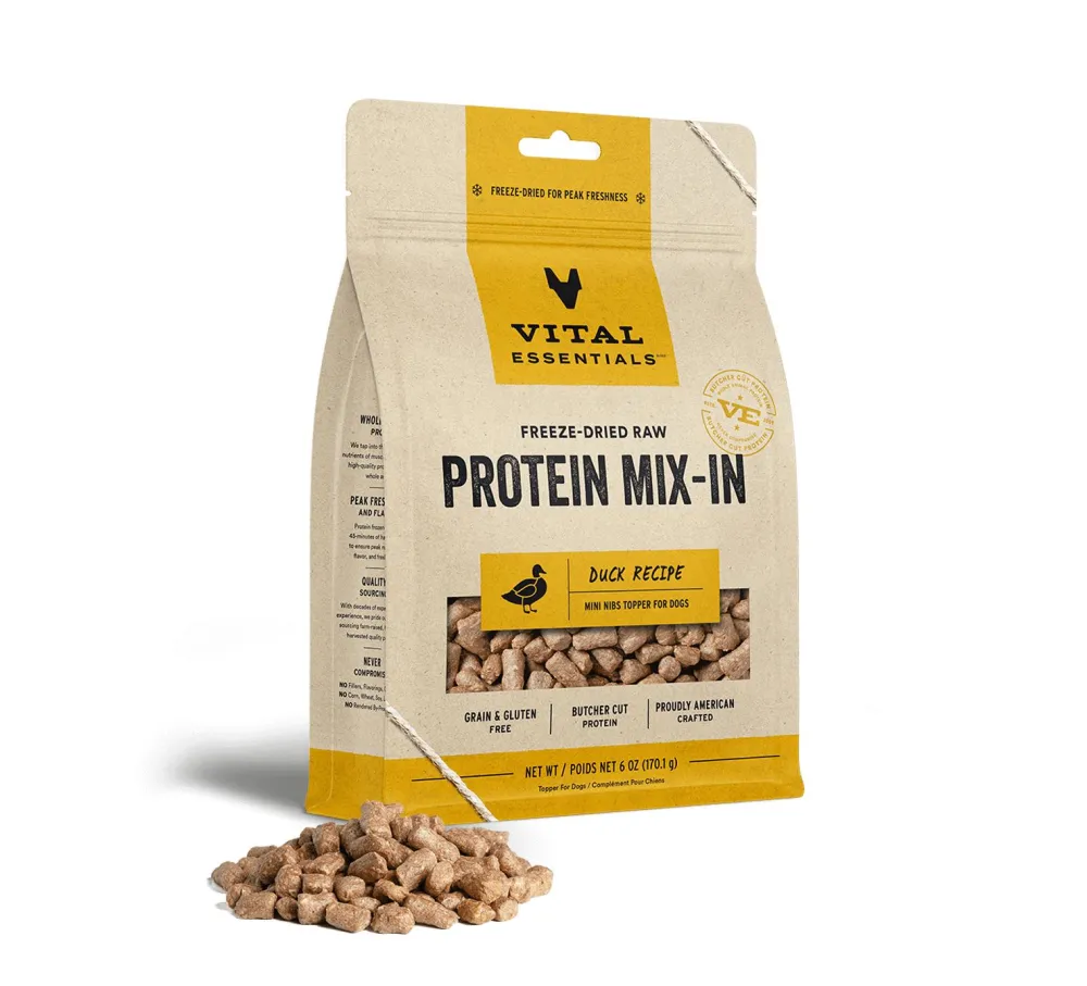 Vital Essentials Food Toppings^Duck Protein Mix-In Mini Nibs Freeze-Dried Raw Dog Food Topper, 6-oz