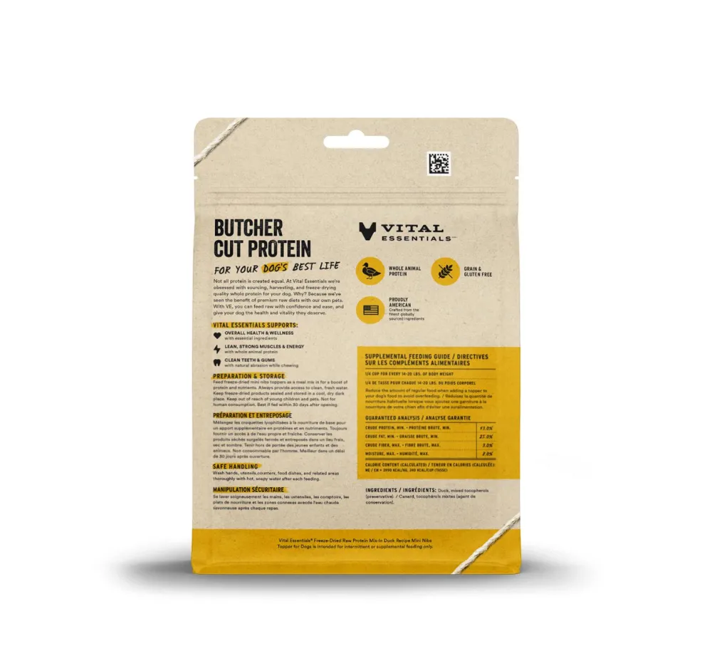 Vital Essentials Food Toppings^Duck Protein Mix-In Mini Nibs Freeze-Dried Raw Dog Food Topper, 6-oz
