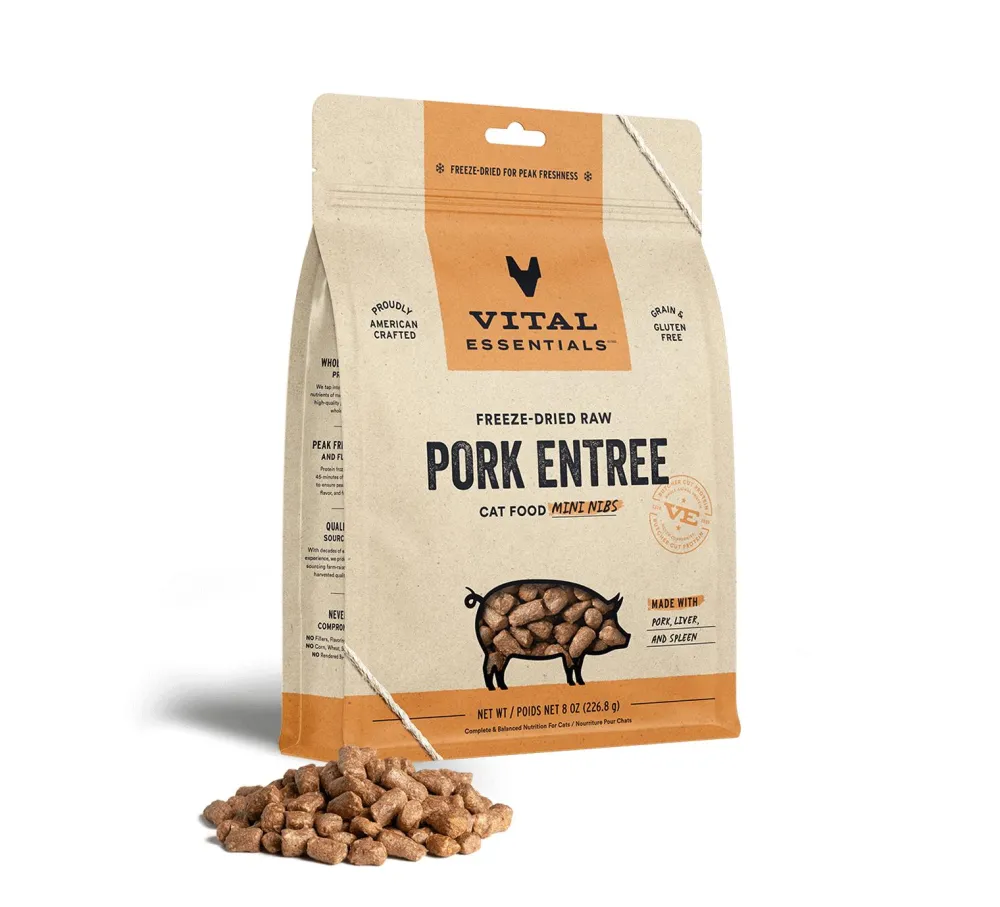 Vital Essentials Freeze-Dried Food^Pork Entree Mini Nibs Freeze-Dried Raw Cat Food, 8-oz