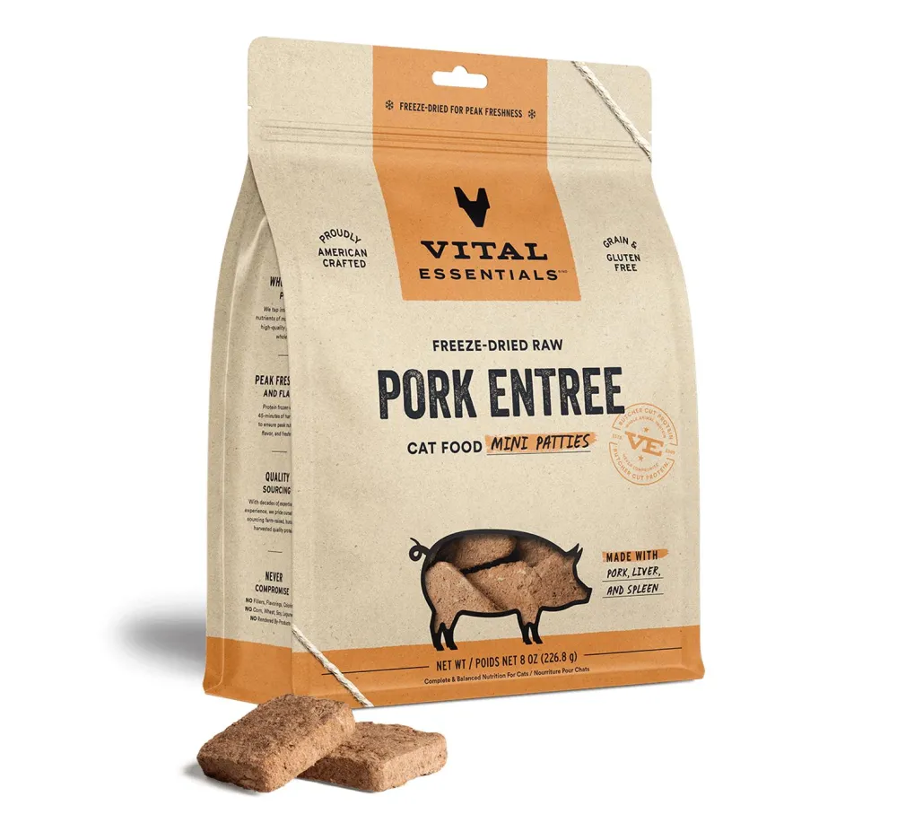 Vital Essentials Freeze-Dried Food^Pork Entree Mini Patties Freeze-Dried Raw Cat Food, 8-oz