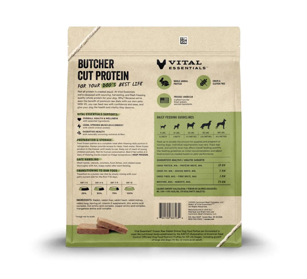 Vital Essentials Frozen Food^Rabbit Entree Patties Frozen Raw Dog Food, 6-lb