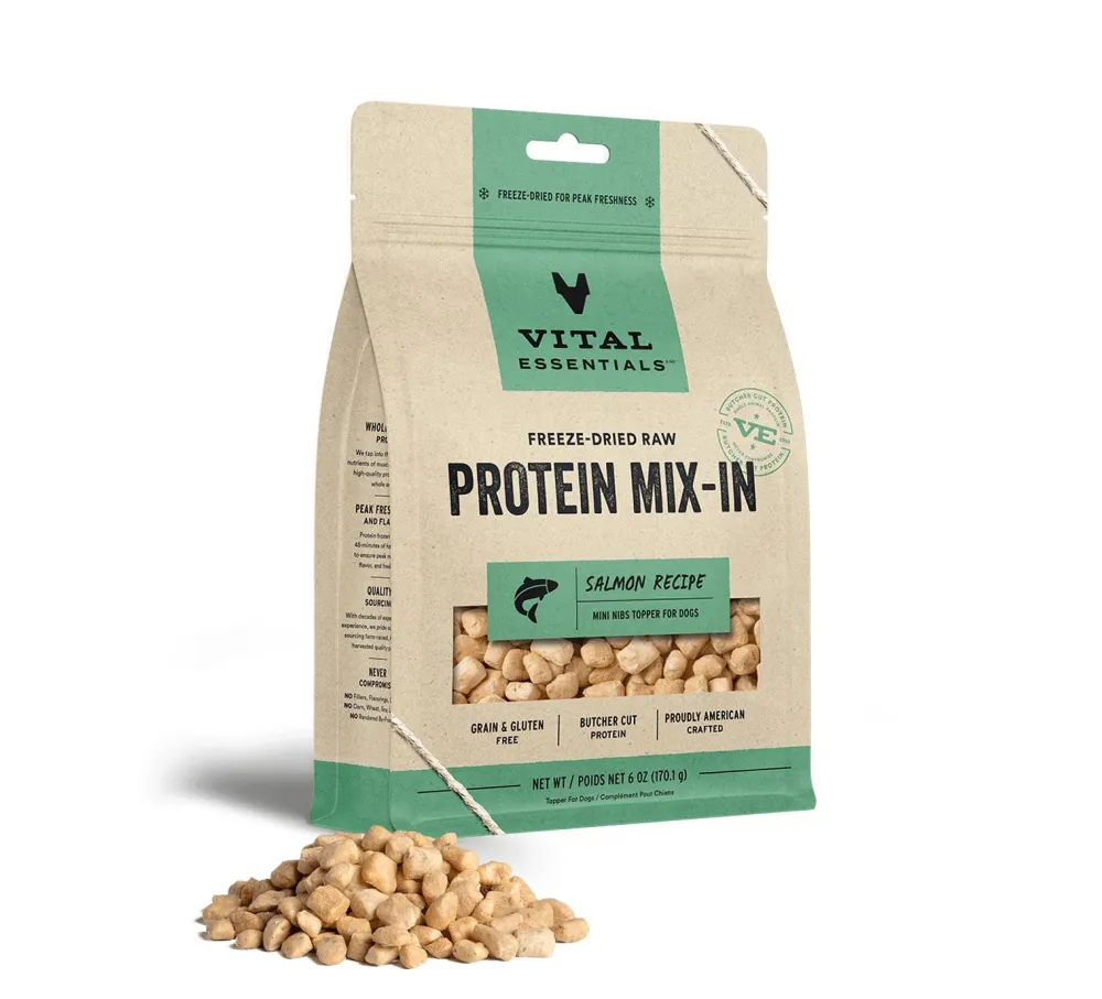 Vital Essentials Food Toppings^Salmon Protein Mix-In Mini Nibs Freeze-Dried Raw Dog Food Topper, 6-oz