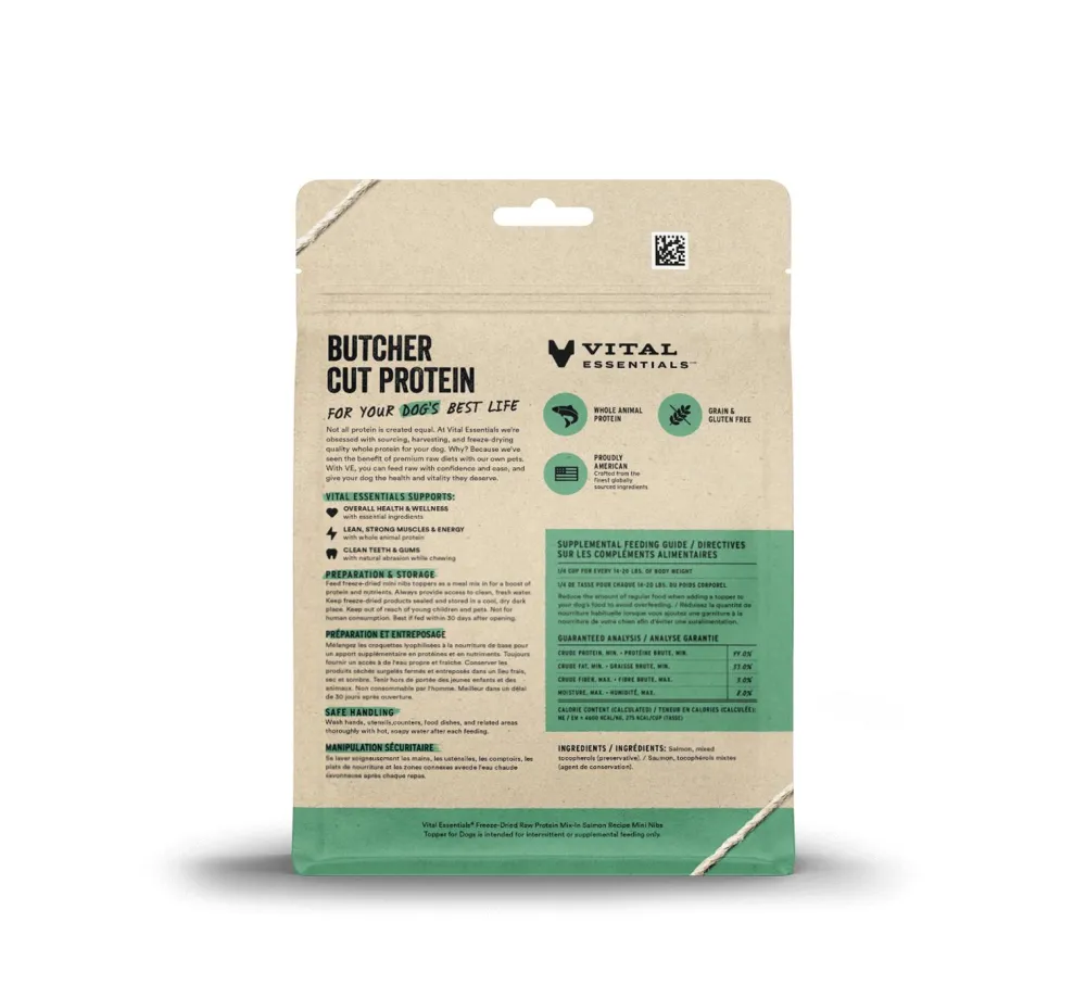 Vital Essentials Food Toppings^Salmon Protein Mix-In Mini Nibs Freeze-Dried Raw Dog Food Topper, 6-oz