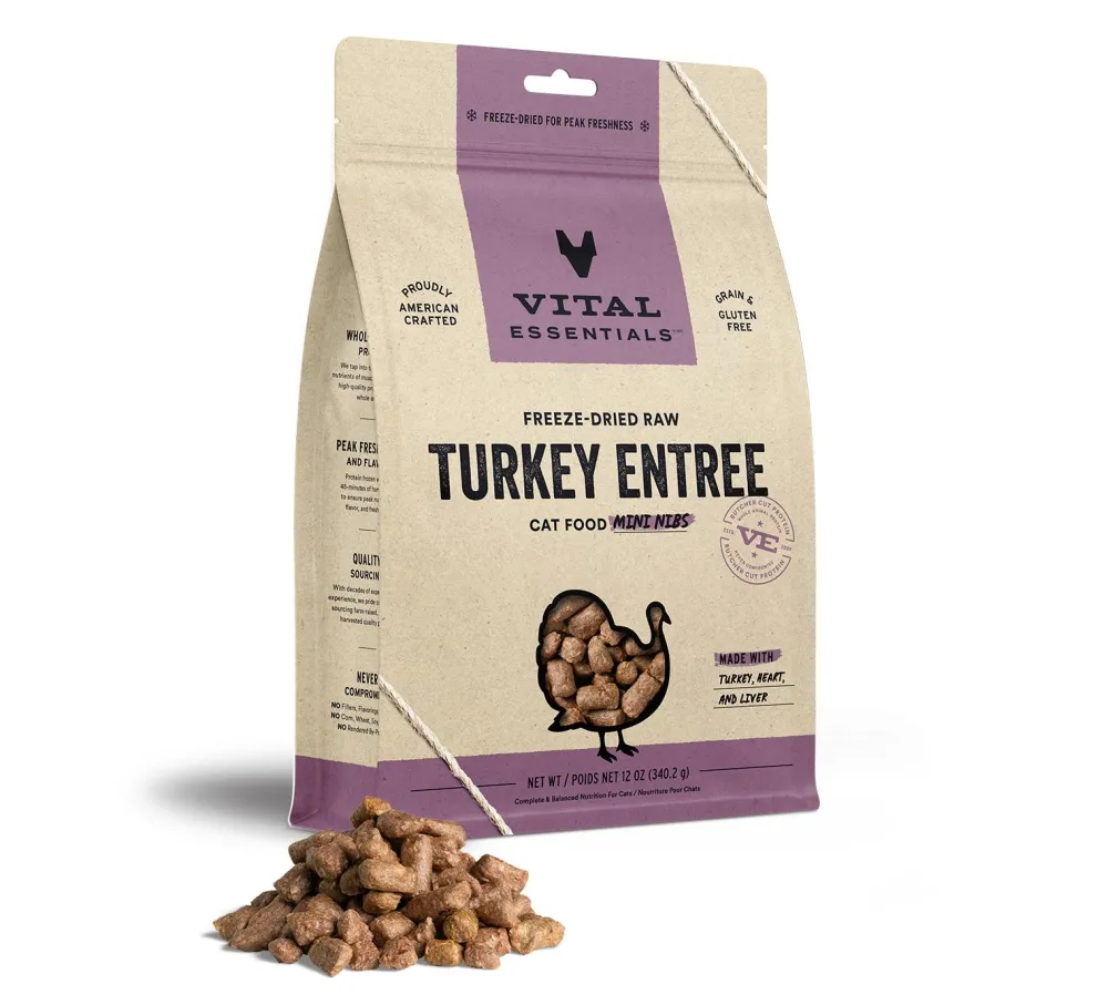 Vital Essentials Freeze-Dried Food^Turkey Entree Mini Nibs Freeze-Dried Raw Cat Food, 12-oz