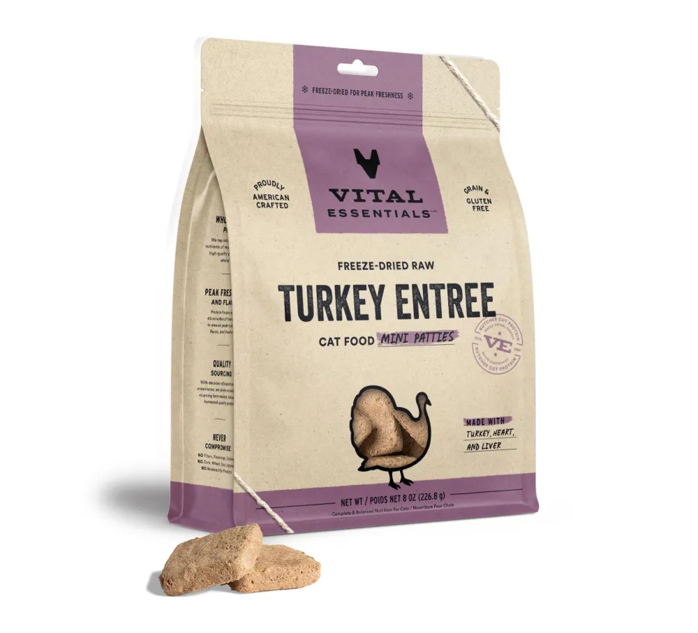 Vital Essentials Freeze-Dried Food^Turkey Entree Mini Patties Freeze-Dried Raw Cat Food, 8-oz