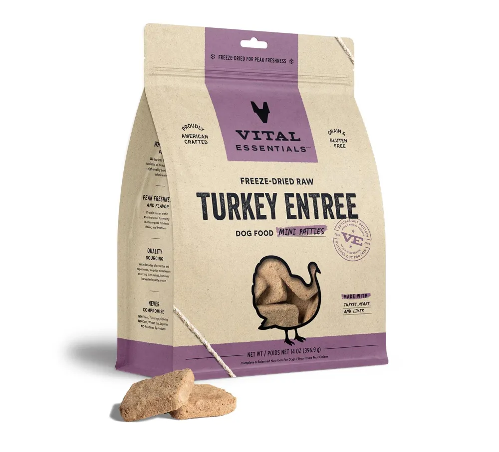 Vital Essentials Freeze-Dried Food^Turkey Entree Mini Patties Freeze-Dried Raw Dog Food, 14-oz