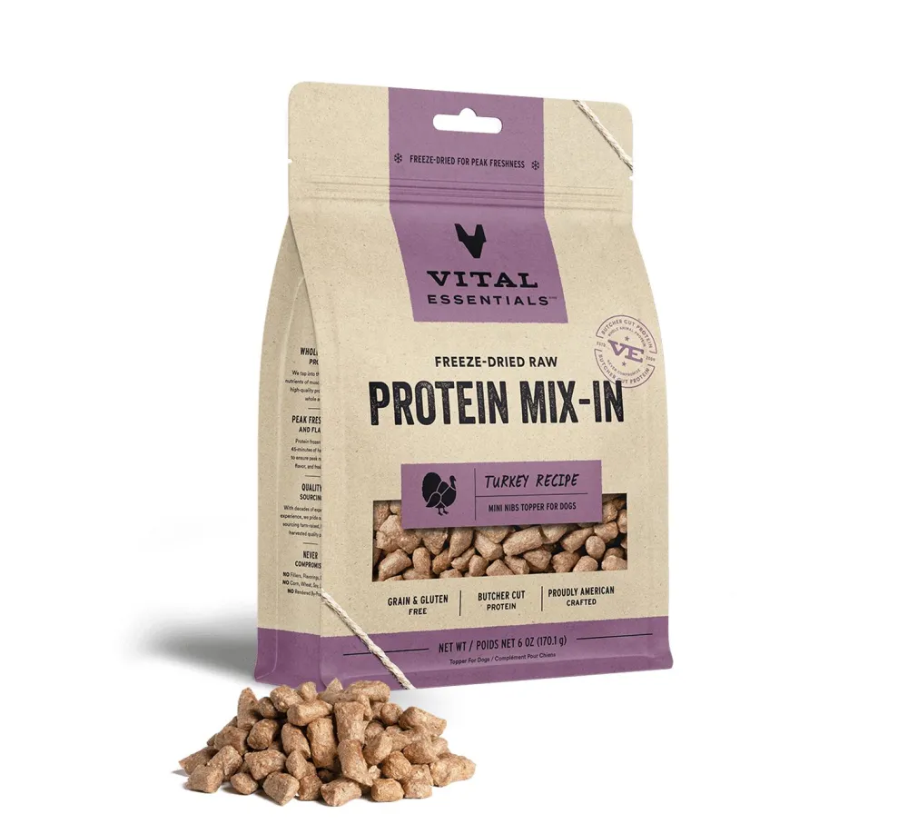 Vital Essentials Food Toppings^Turkey Protein Mix-In Mini Nibs Freeze-Dried Raw Dog Food Topper, 6-oz