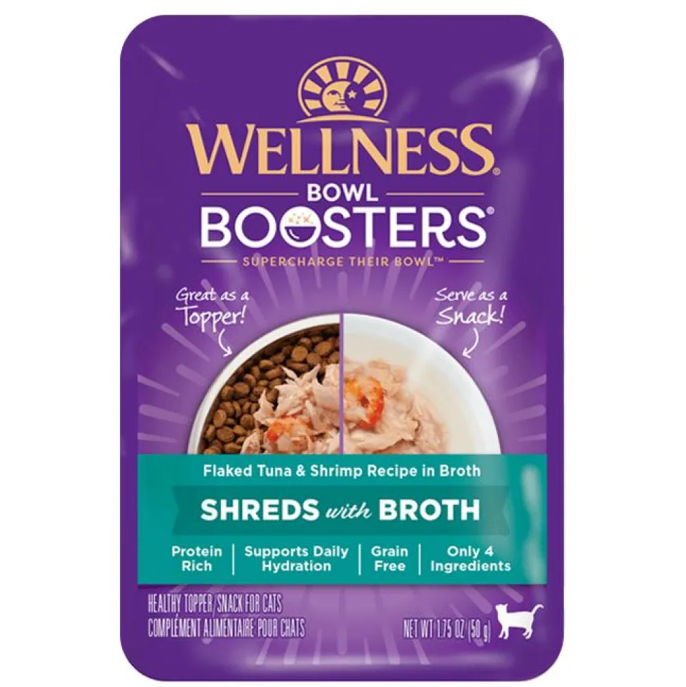 Wellness Food Toppings | Broth^Bowl Boosters Shreds with Broth Flaked Tuna & Shrimp in Broth for Cats, 1.75-oz
