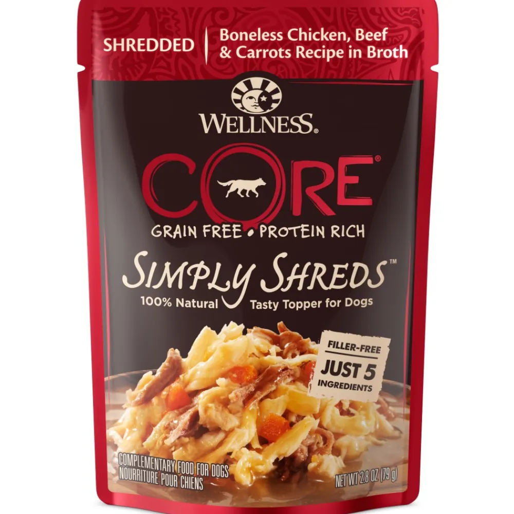 Wellness Food Toppings^CORE Simply Shreds Grain-Free Chicken, Beef & Carrots Wet Dog Food Topper Pouch, 2.8-oz