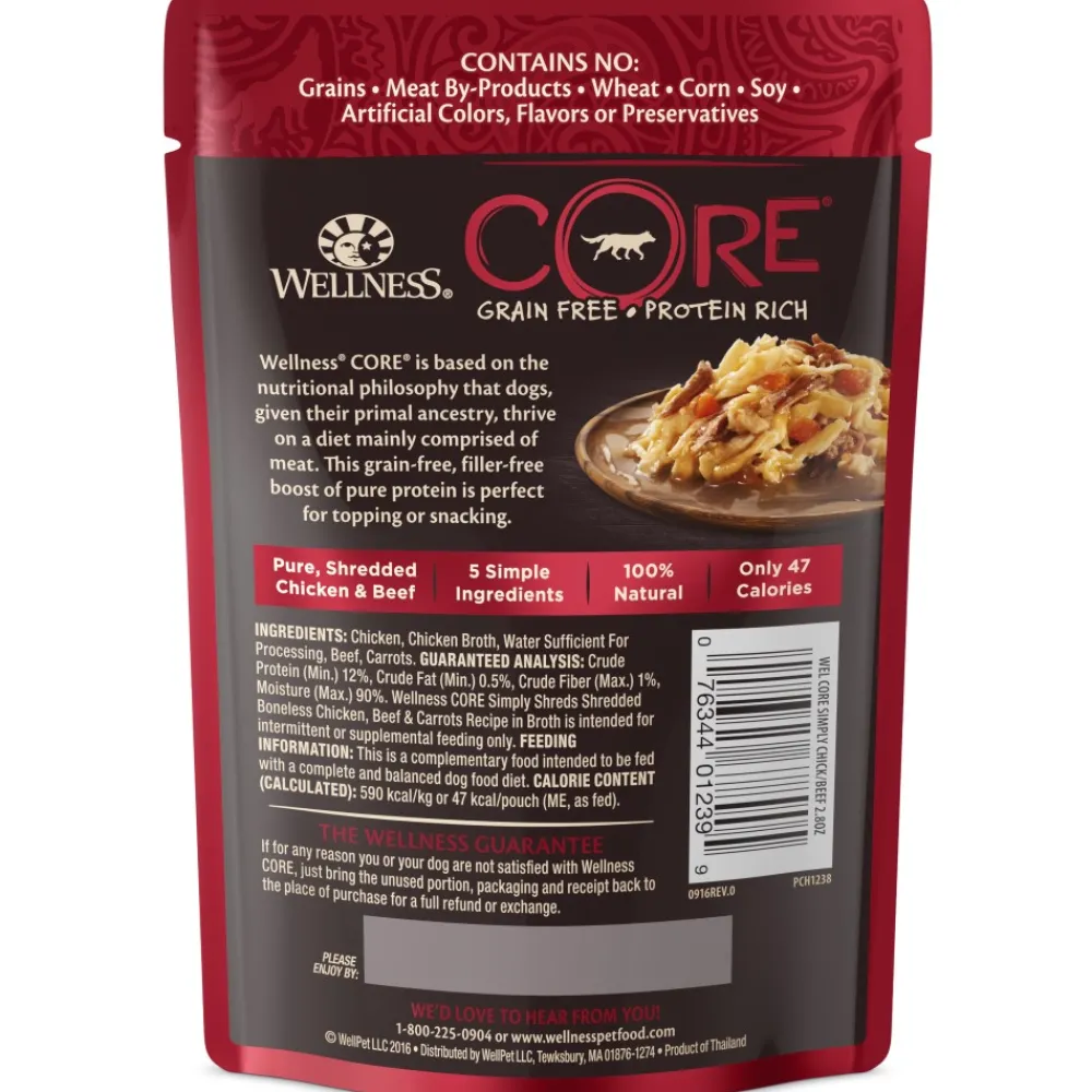 Wellness Food Toppings^CORE Simply Shreds Grain-Free Chicken, Beef & Carrots Wet Dog Food Topper Pouch, 2.8-oz