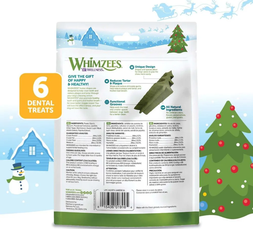 Whimzees Dental & Hard Chews^Holiday Dental Treats for Medium Dogs, 6-count