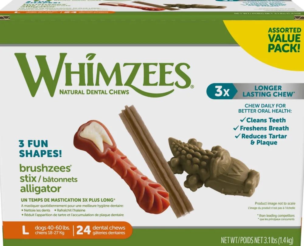 Whimzees Dental & Hard Chews^Natural Dental Chews Large Breed Value Box Dog Treats, 24-count