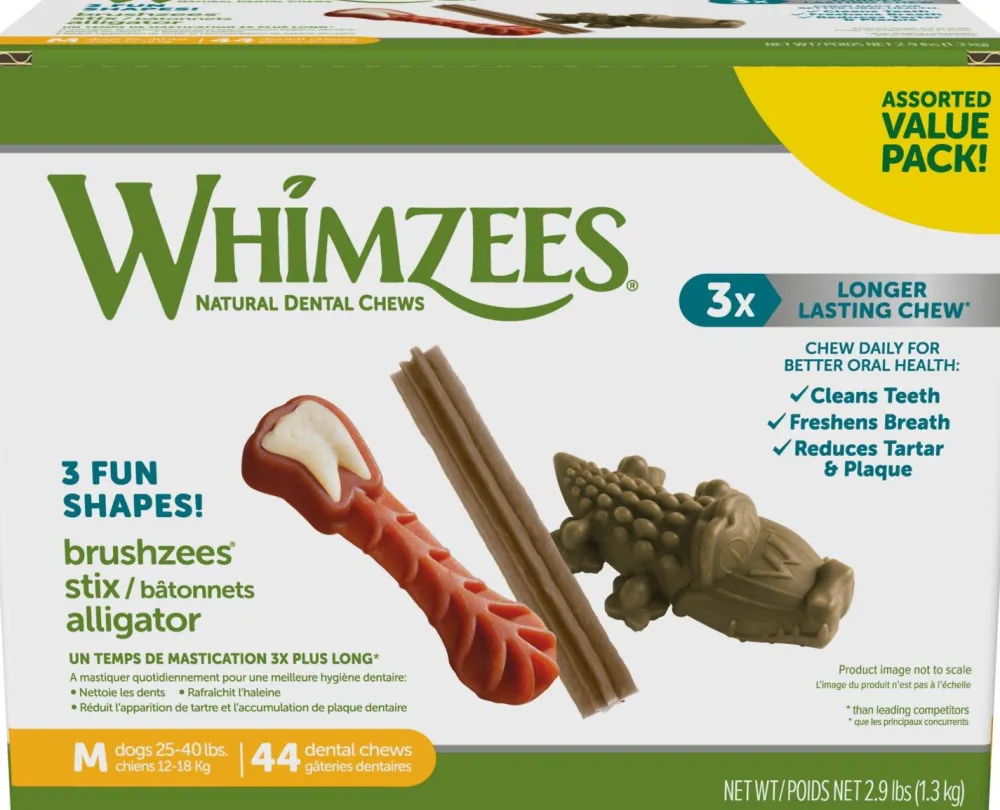 Whimzees Dental & Hard Chews^Natural Dental Chews Medium Breed Value Box Dog Treats, 44-count