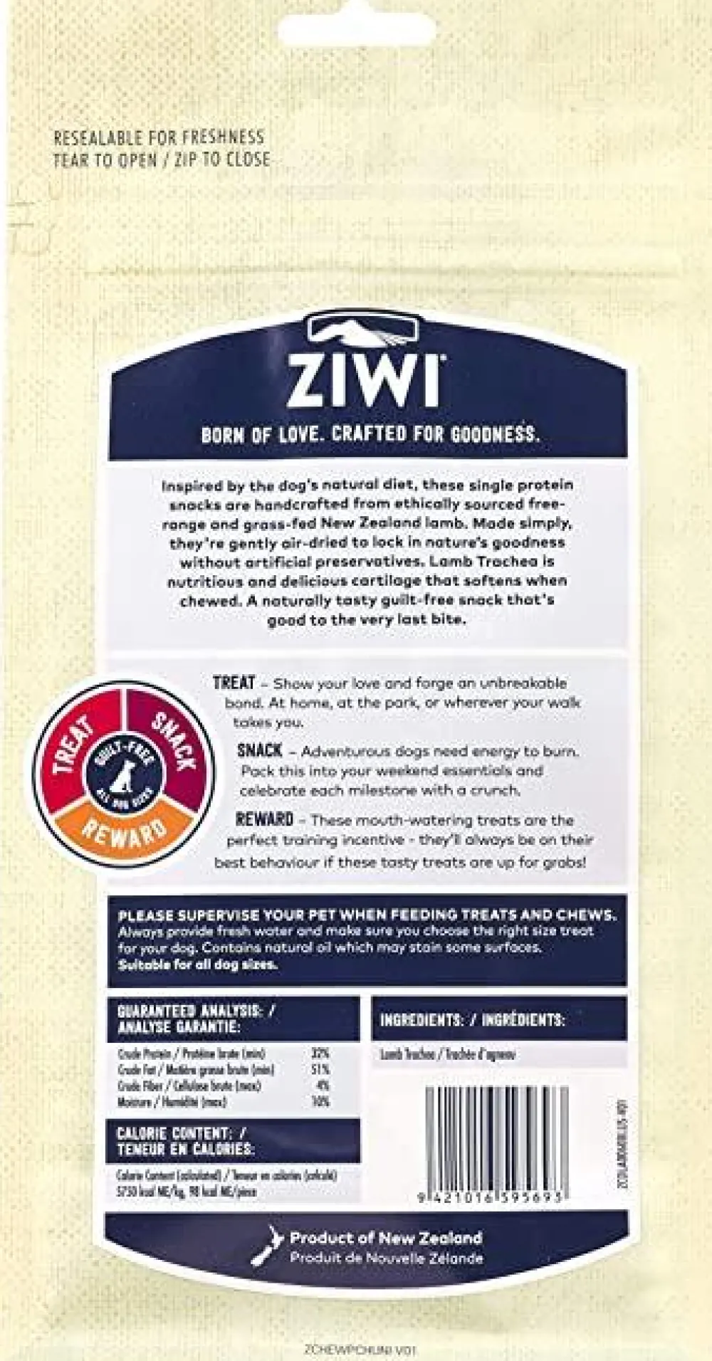 Ziwi Air-Dried & Dehydrated Treats^Lamb Trachea Air-Dried Dog Treats, 2.1-oz | 60-g